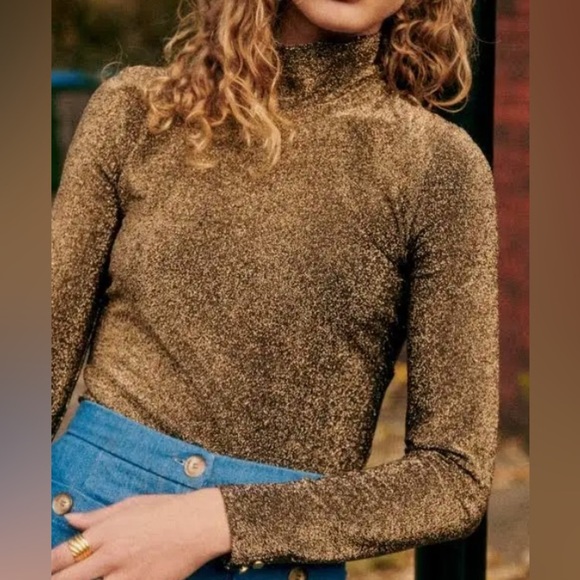 NWT Sezane Omaya Metallic Gold Turtleneck Sweater Size XS - Picture 2 of 10